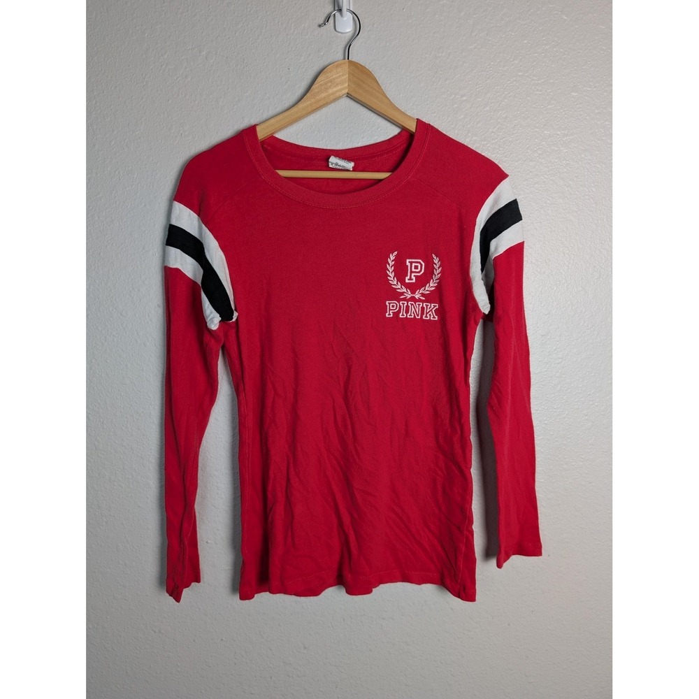 PINK Victoria's Secret T-Shirt Womens XS Red Striped Long Sleeve‎ Embroidered